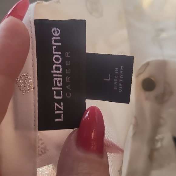 Liz Claiborne career large cream gold print sheer button up shirt top blouse - Picture 3 of 5